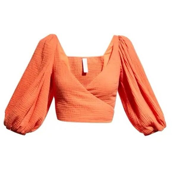 Jonathan Simkhai Mila Puff Sleeve Wrap Top in Chili XS - Picture 1 of 6